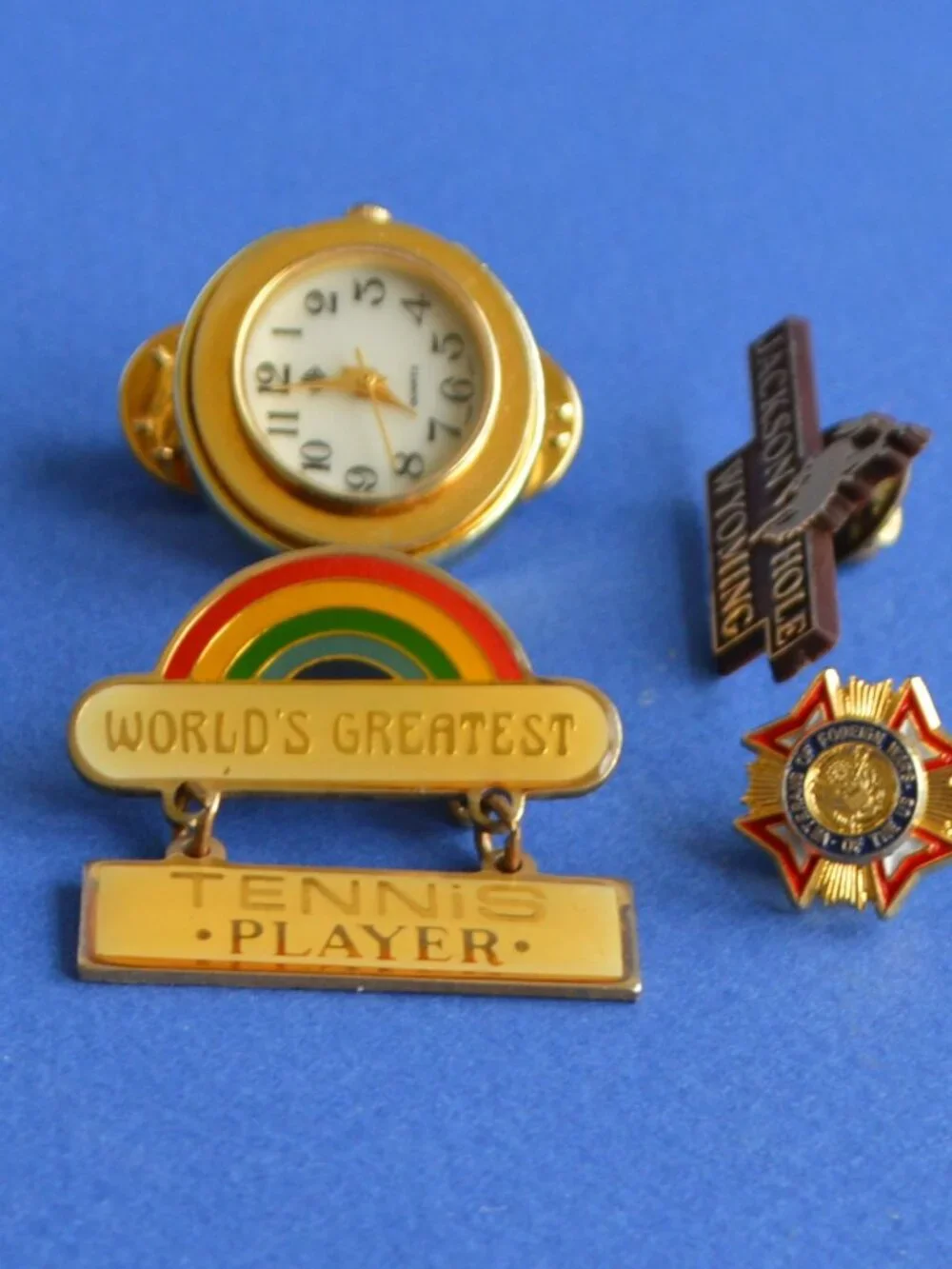 Set of 4 Lapel Pins-Tennis Player, Jackson Hole, US Air Force, Miniature Watch